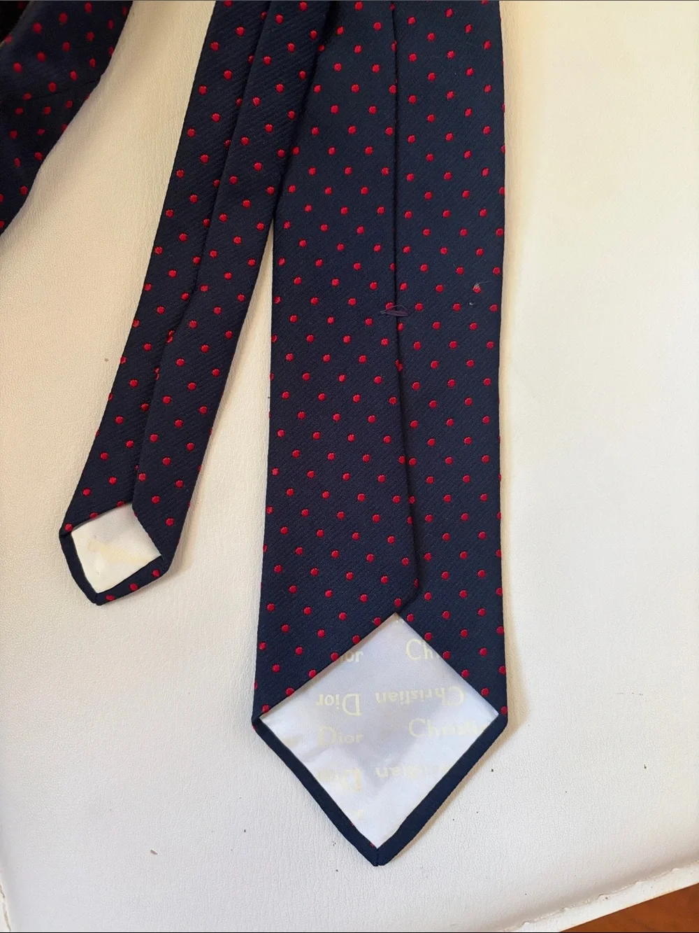 Dior Navy Tie with Red Polka Dot Pattern